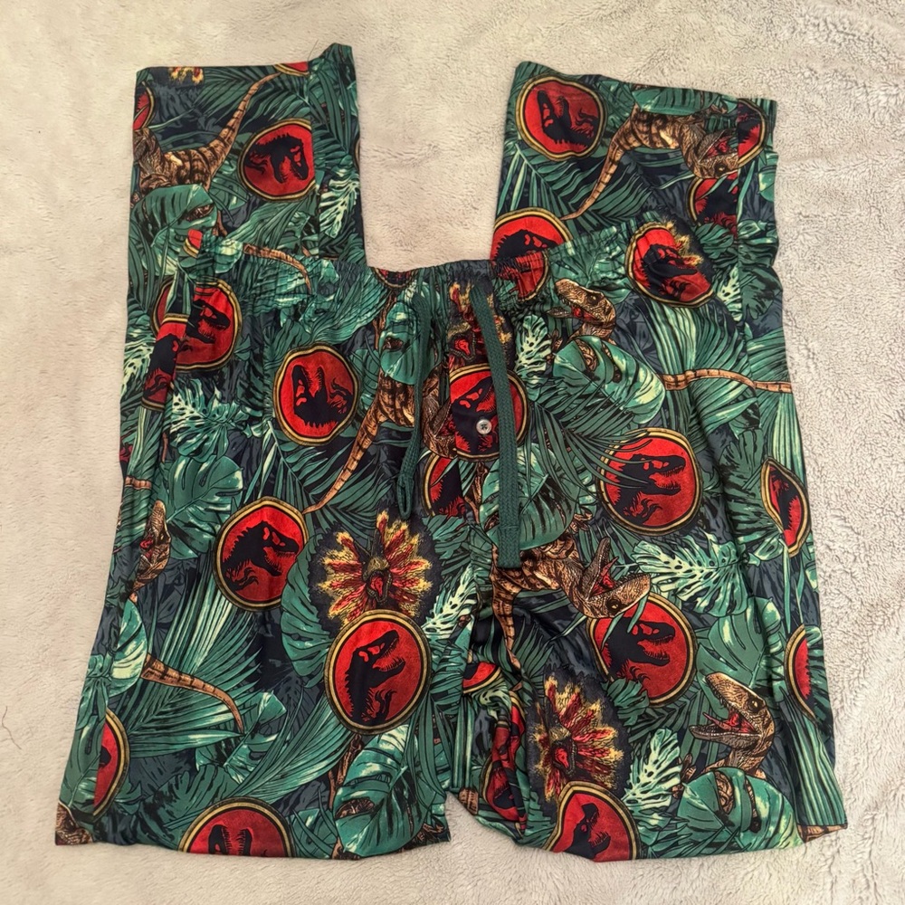 Jurassic Park Dinosaur Lounge‎ Pajama Pants Green Red Logo Small